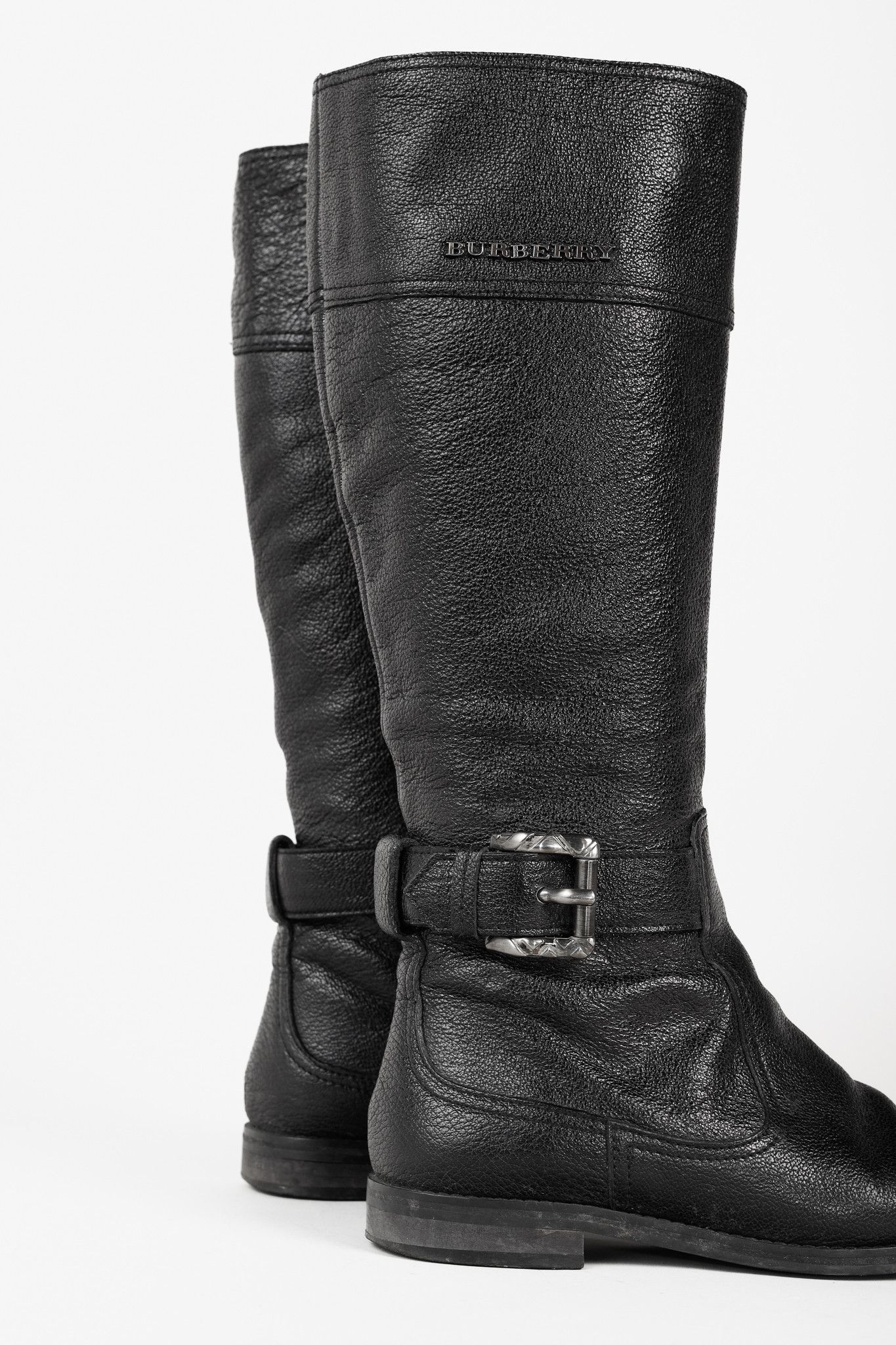 Burberry Burberry Black Grained Leather Buckled Riding Boots Size US 5.5 / IT 35.5 - 7 Thumbnail