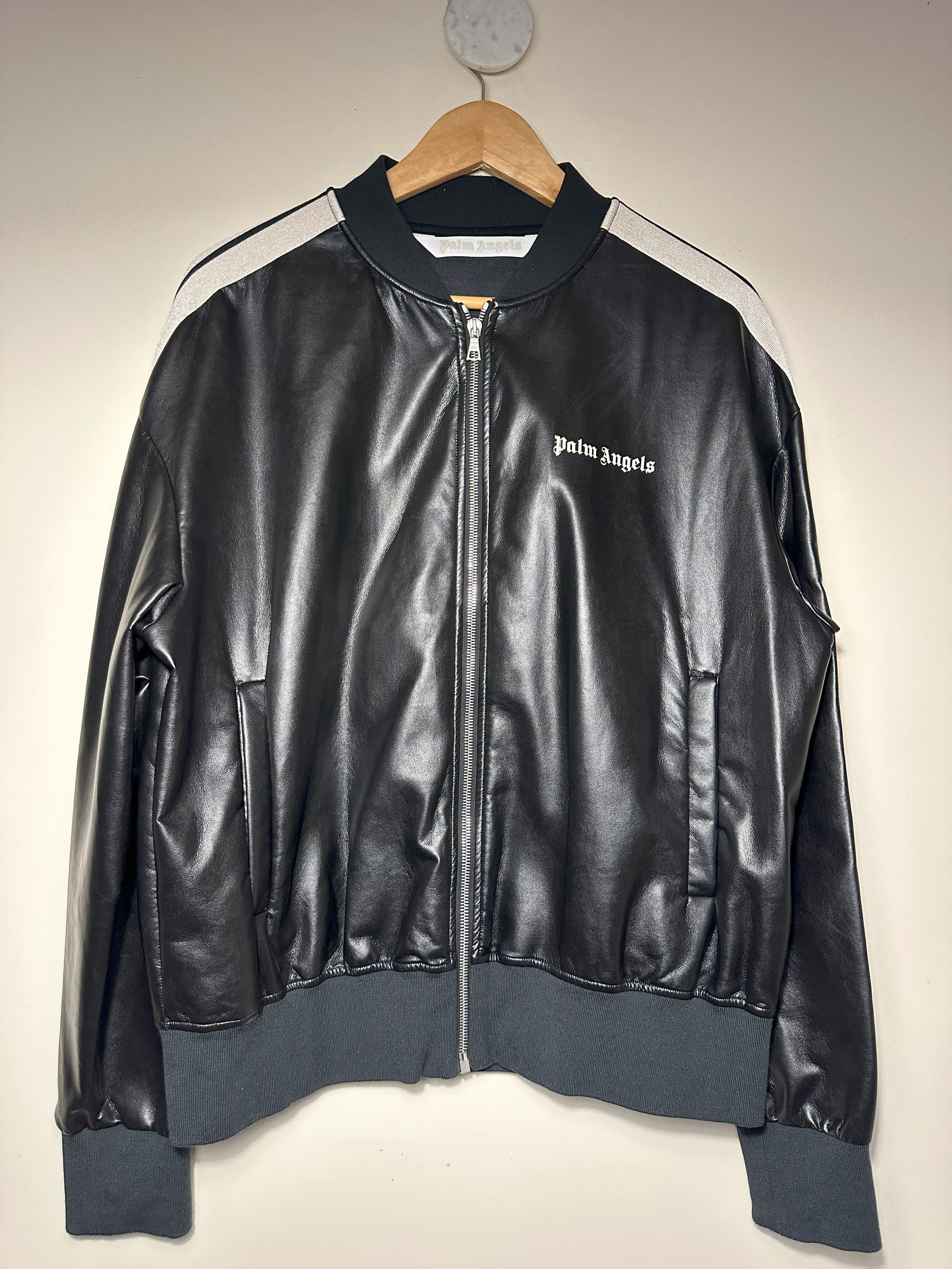 image of Palm Angels Leather Bomber in Black, Men's (Size Medium)
