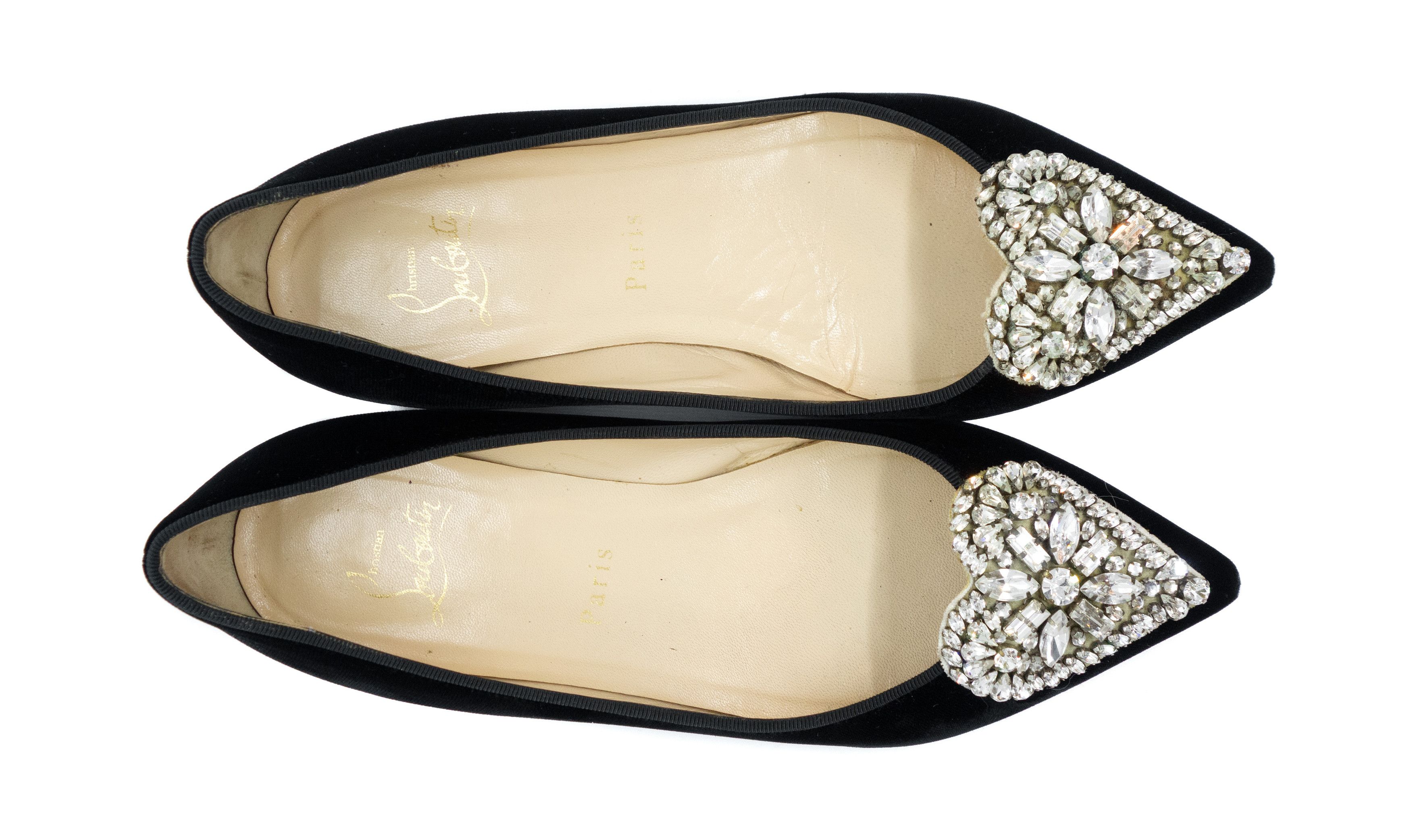 Christian Louboutin Сristacora Crystal Heart Embellishment Velvet Flats Size US 6 / IT 36 - 4 Thumbnail