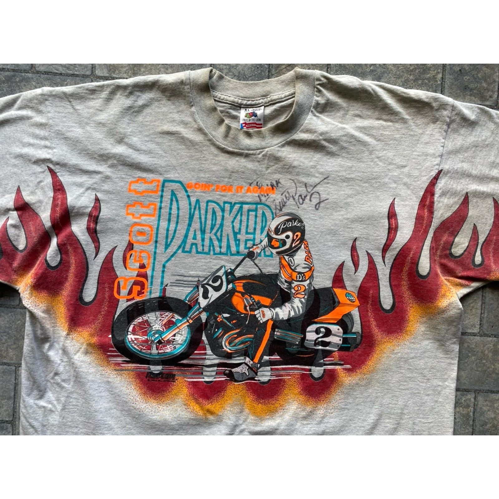 Fruit Of The Loom VINTAGE Scott Parker #2 Autographed T Shirt Men’s XL Gray Short Sleeve Harley Flames Size US XL / EU 56 / 4 - 3 Thumbnail