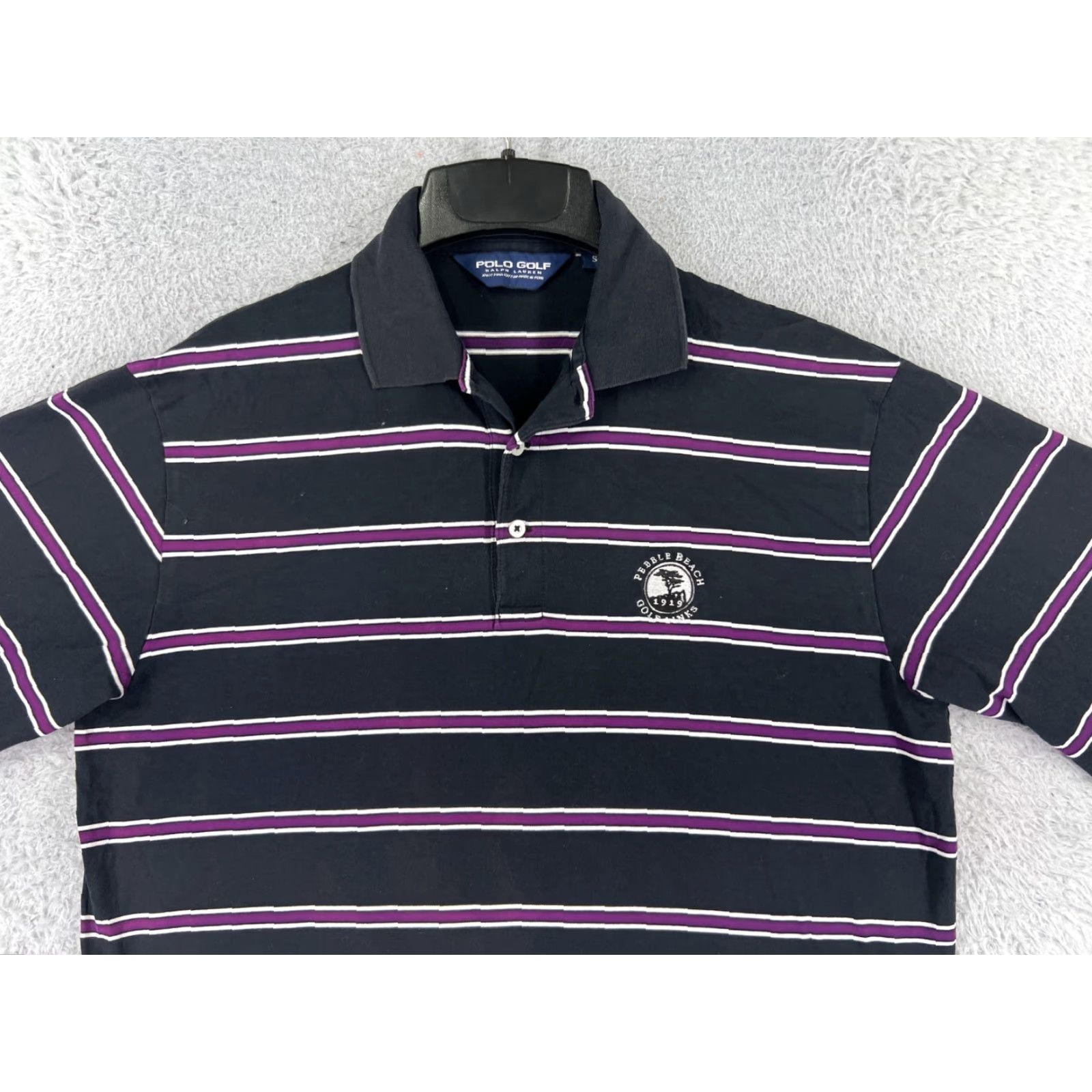 Polo Ralph Lauren VINTAGE Polo Shirt Polo Ralph Lauren Polo Mens Small Black Purple Stripe Pebble Beach Pima Size US S / EU 44-46 / 1 - 6 Thumbnail