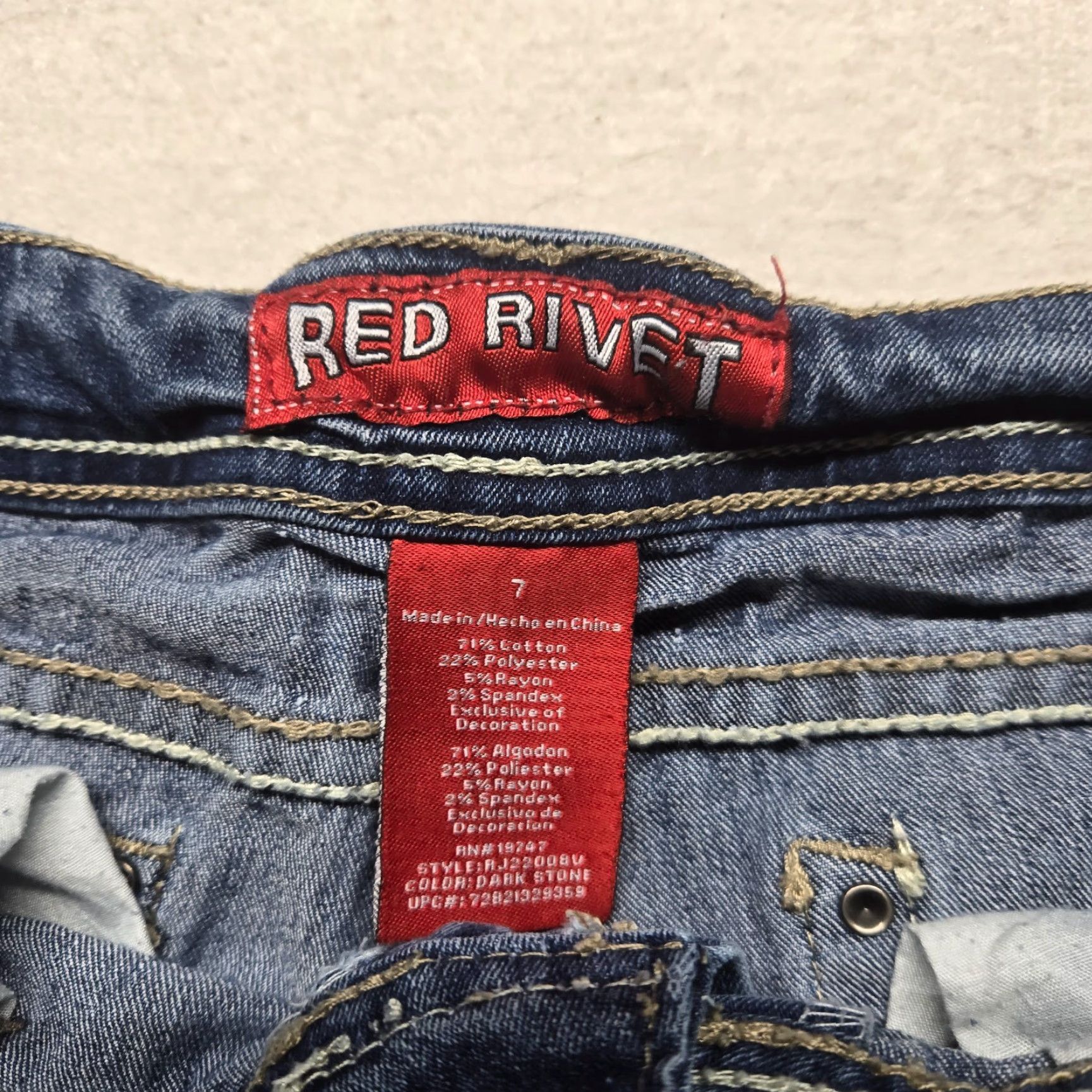 Denime Red Rivet Denim Shorts Women's 7 Distressed Embroidered 5-Pocket Casual Jeans Cut-Off Summer Blue Vintage?: No Size 28" / US 6 / IT 42 - 2 Thumbnail