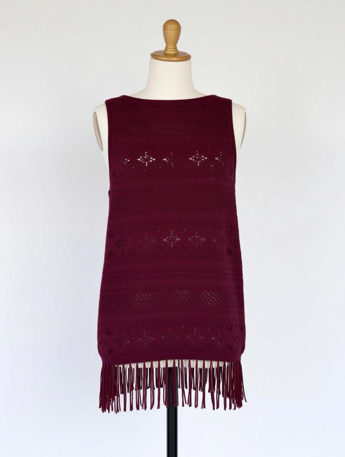 Other White House Black Market Burgundy Knit Top with Fringe Med Size M / US 6-8 / IT 42-44 - 1 Thumbnail