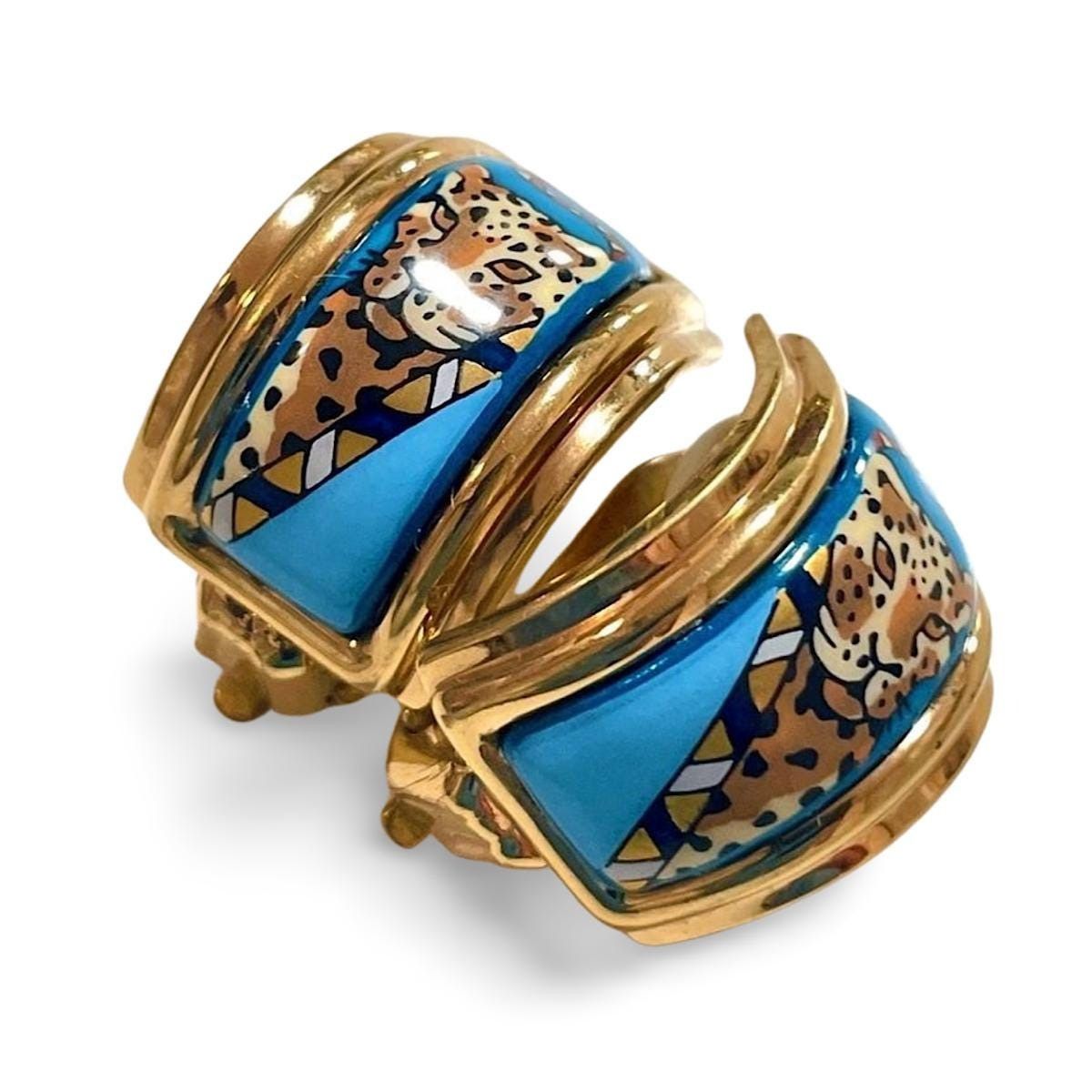 Vintage Hermes blue cloisonne enamel earrings with panther
