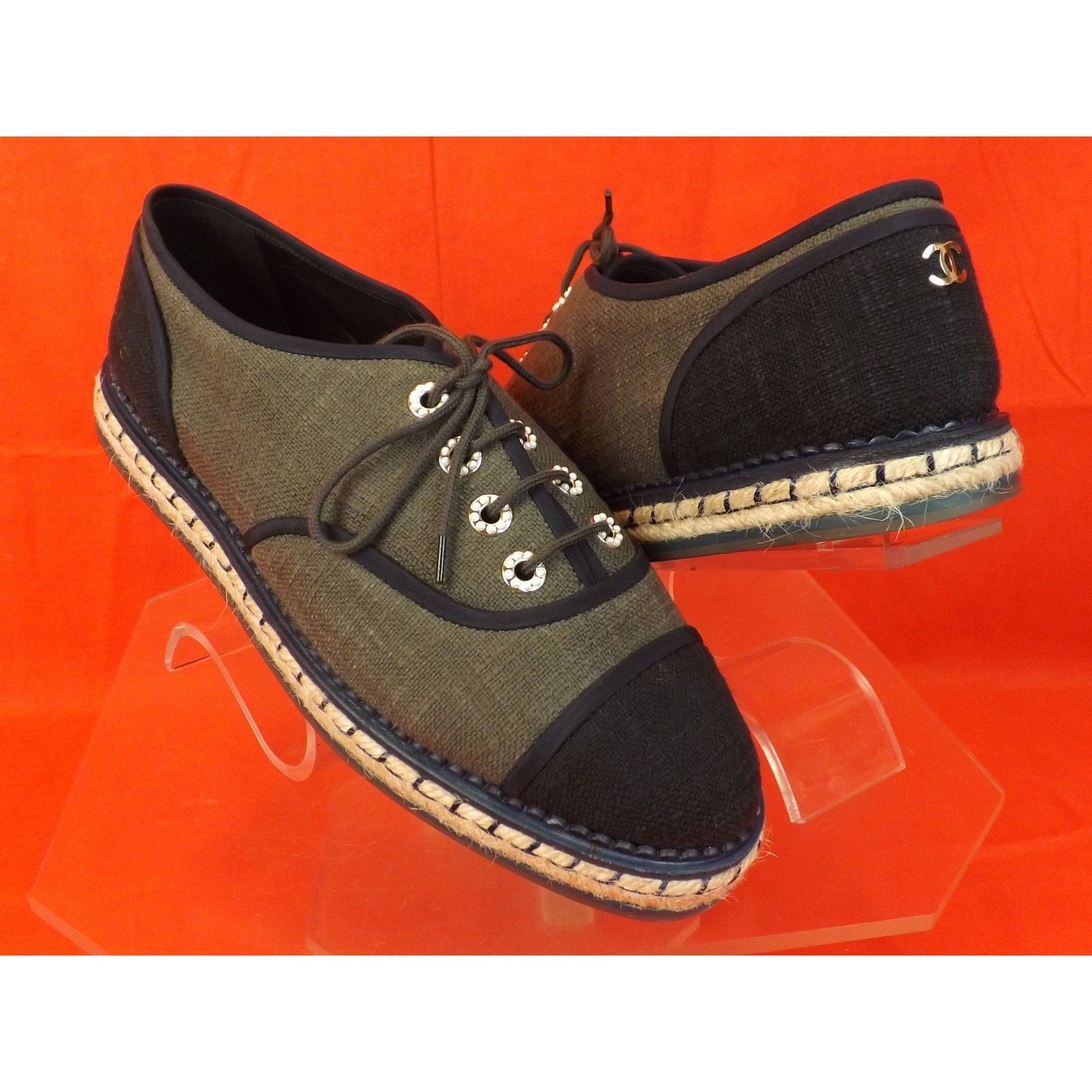 Chanel CHANEL GRAY BLACK CANVAS PEARLS CC ESPADRILL OXFORD FLATS 39 Size US 9 / IT 39 - 4 Thumbnail