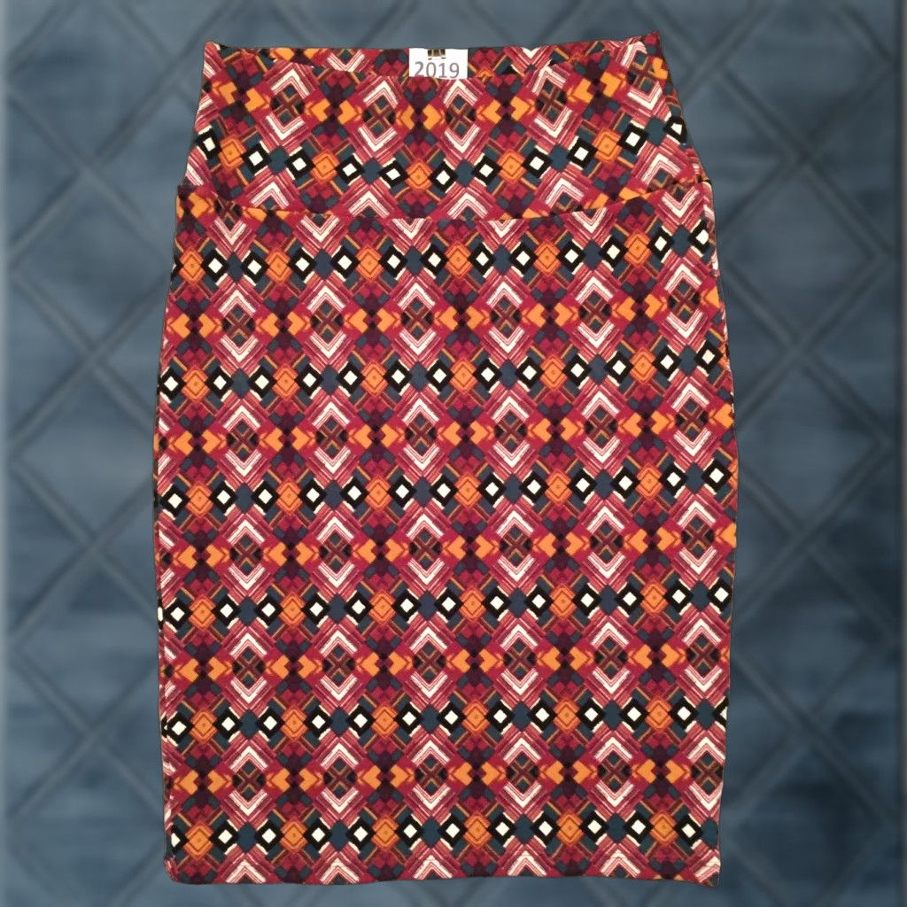 Vintage LuLaRoe Skirt Knee Length S Brown Green Geometric Unlined Pull On Polyester Spandex Women Regular Knit Pencil Style Size 28" / US 6 / IT 42 - 1 Thumbnail