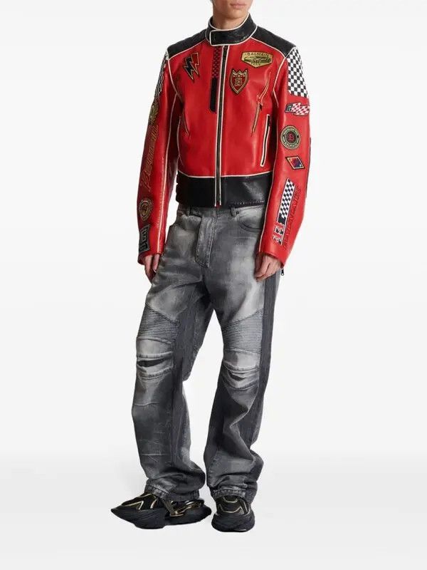 Balmain o1s1wg110925 Logo Applique Leather jacket in Red/Black Size US S / EU 44-46 / 1 - 3 Thumbnail