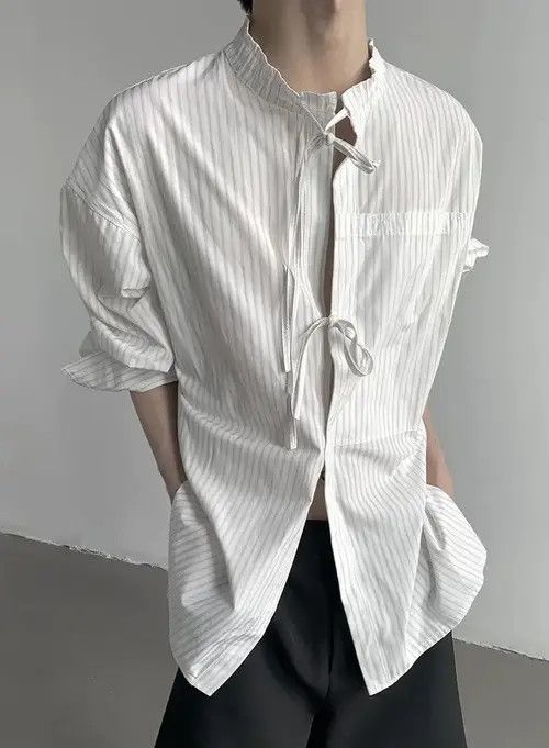 Japanese Brand Kuroda x Kato Cleanfit retro bow tie front pinstripe shirt Size US XL / EU 56 / 4 - 1 Thumbnail