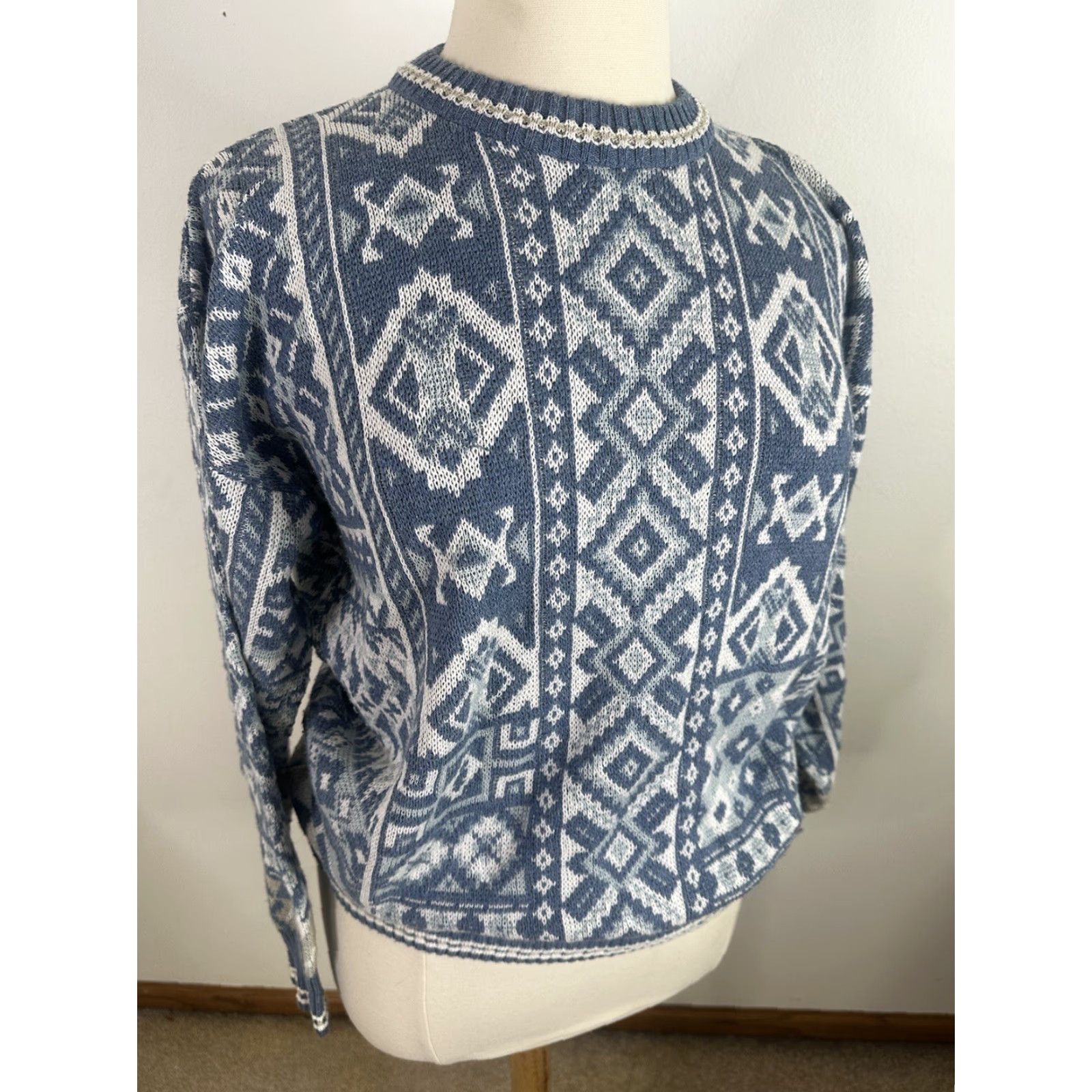 Vintage VINTAGE 90s Blue Southwestern Aztec Fair Isle Women’s L Oversized Sweater S13 Size L / US 10 / IT 46 - 2 Thumbnail