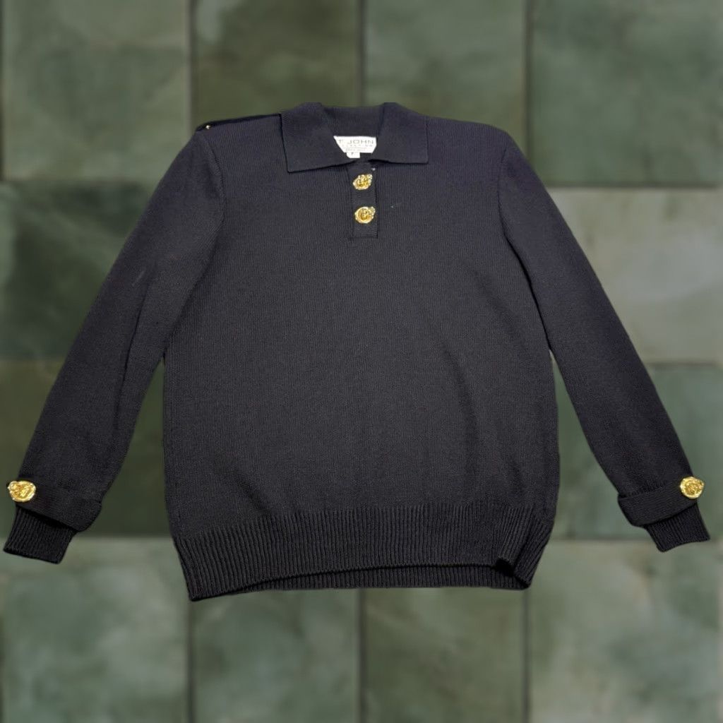 St. John VINTAGE ST JOHN Sweater Pullover Knit Wool Blend Black USA Theme Petite Women P Long Sleeve Military Style Top Size S / US 4 / IT 40 - 1 Thumbnail
