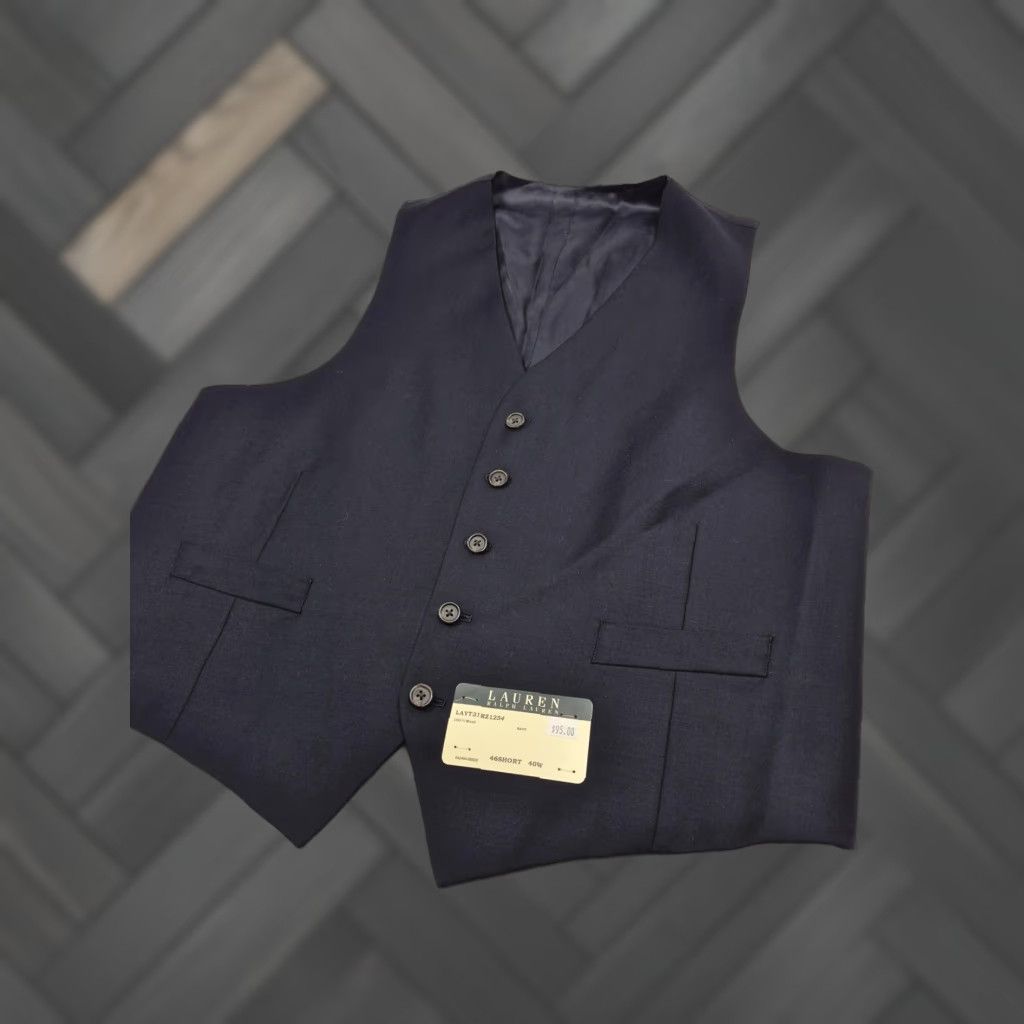 Ralph Lauren VINTAGE Lauren Ralph Lauren Suit Vest Mens 46 Navy Blue 100% Wool Belted NWT Size 46R - 1 Thumbnail