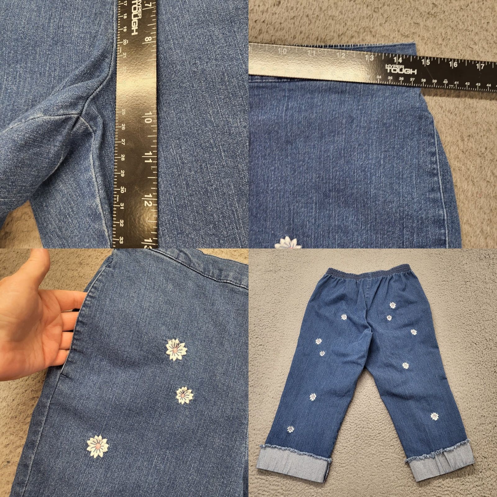 Vintage Alfred Dunner Capri Womens 8 Blue Denim Crop Embroidery Daisy Elastic Waist Capris Floral Bohemian Straight Leg Womens Size ONE SIZE - 8 Thumbnail