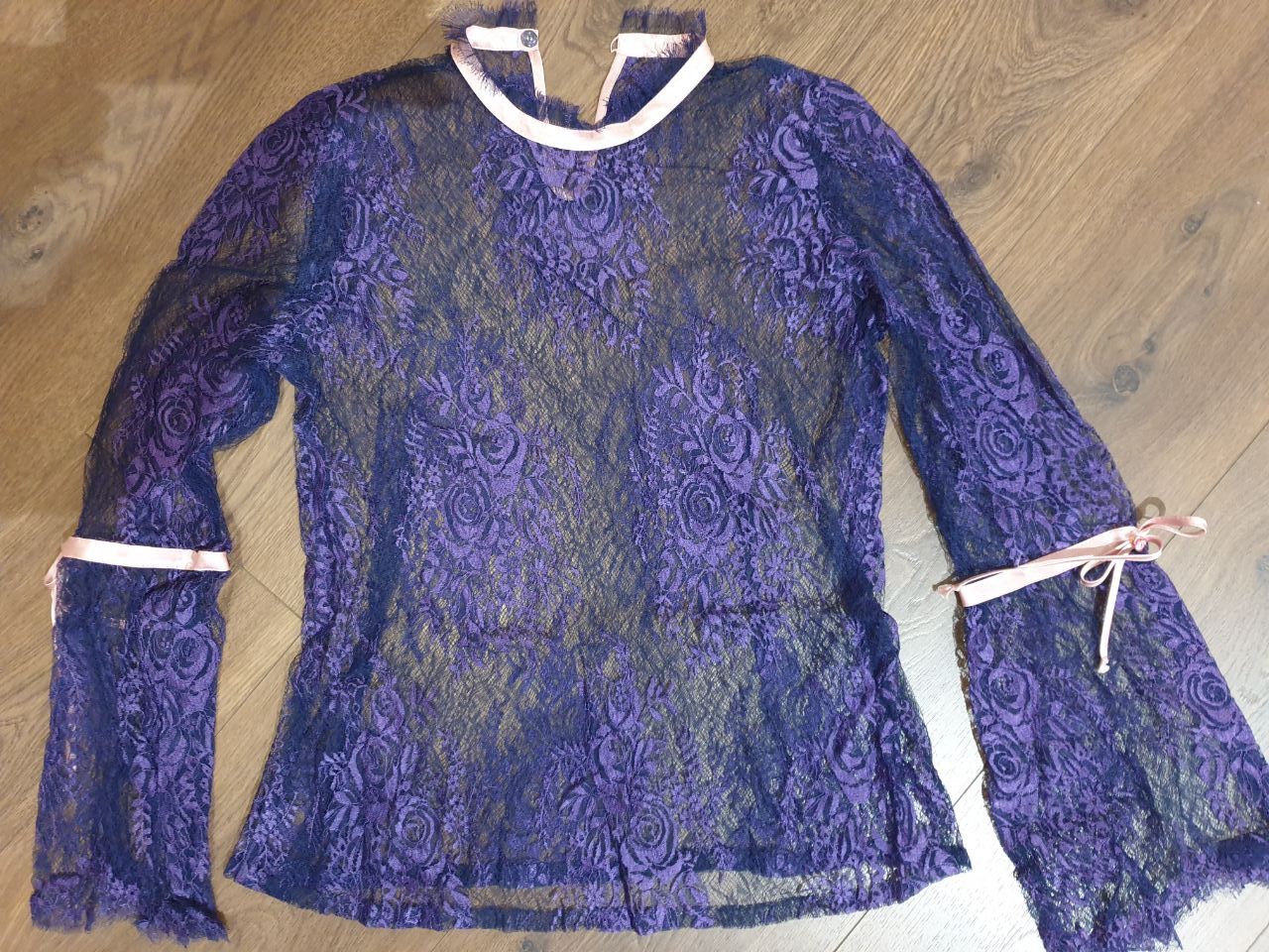 Other Sheer lace blouse sz S blue color with pink ribbons Size S / US 4 / IT 40 - 5 Thumbnail