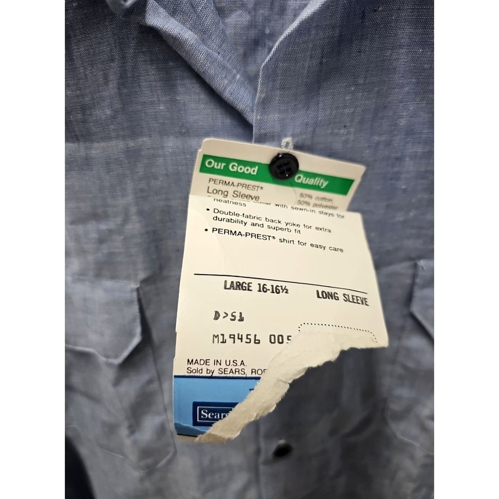 Sears VINTAGE Sears Work 'N Lesire Perma Prest Chambray Blue Button-Down Short Sleeve Mens L Shirt Size US L / EU 52-54 / 3 - 3 Thumbnail