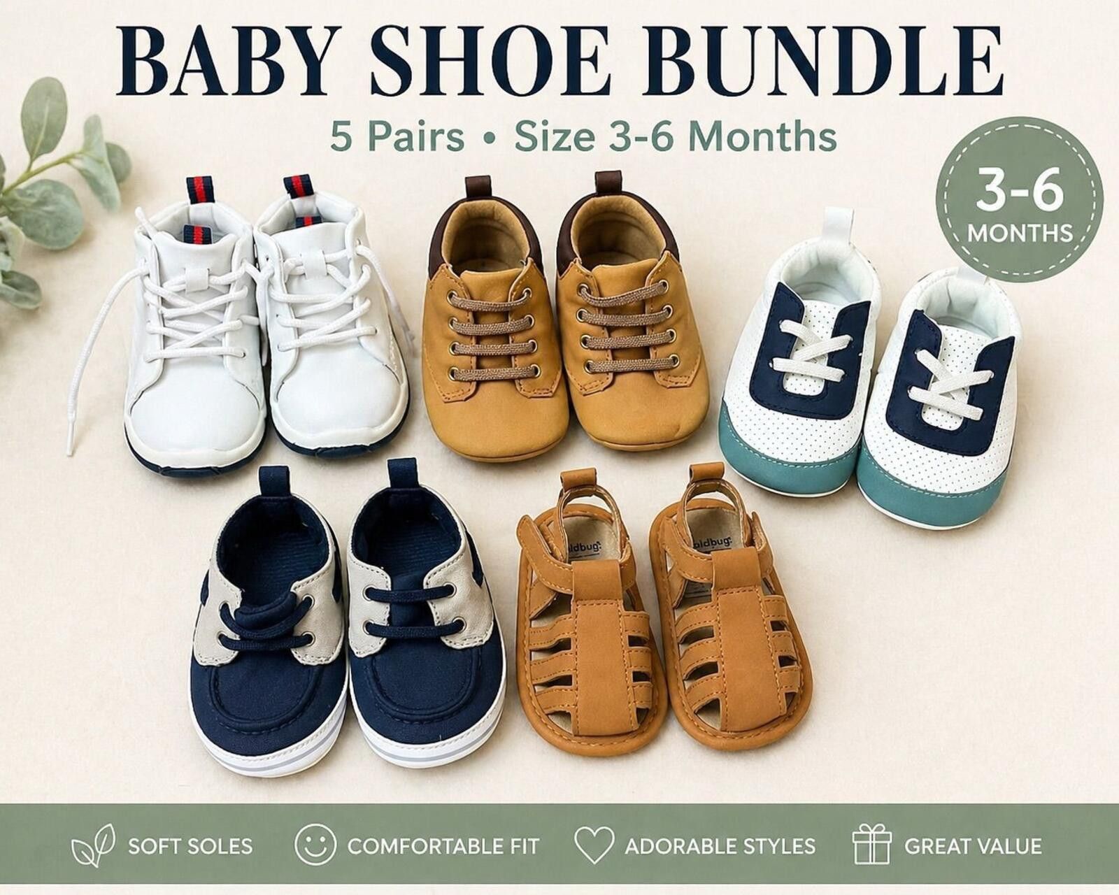 Other Baby Shoe Bundle 3-6M 5 Pairs Sneakers Sandals Lot Size ONE SIZE - 1 Thumbnail