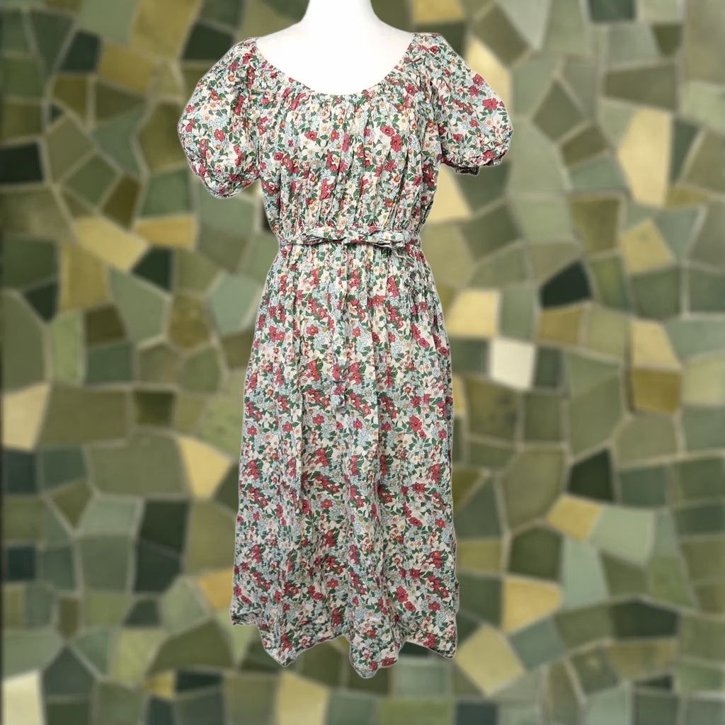 Vintage Fabrik Cream Green Pink Floral Print Cotton Midi Dress S Women's Casual Sundress Short Sleeve Size S / US 4 / IT 40 - 1 Thumbnail