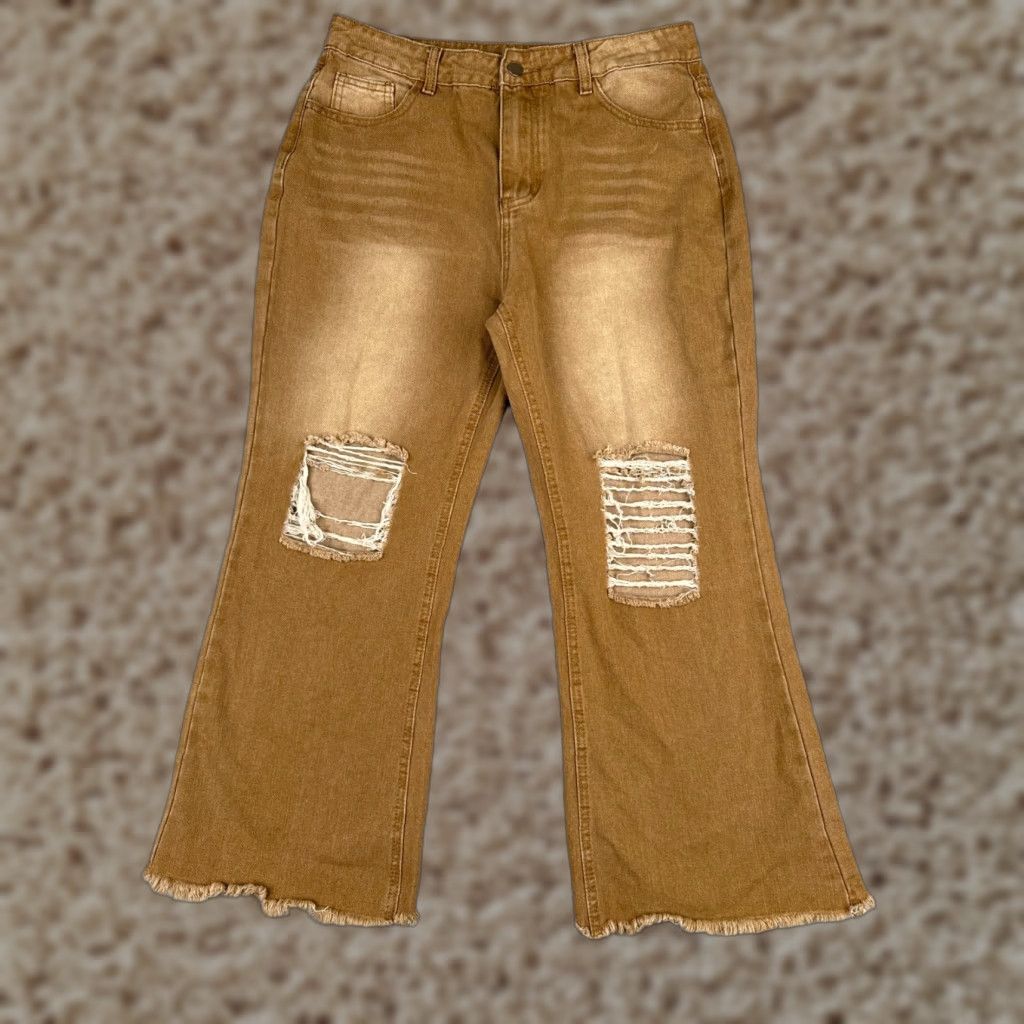 Vintage Jeans Women 31 Brown Khaki Distressed Denim Wide Leg High Rise Cotton 31x25 Size 24" / US 00 / IT 34 - 1 Thumbnail