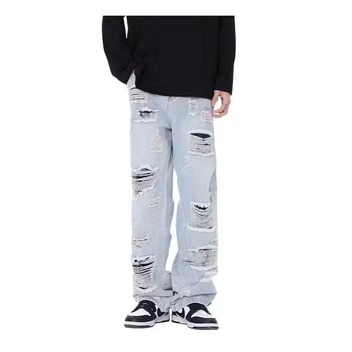 image of Distressed Baggy Stacked Jeans, Ripped Jeans in Blue, Men's (Size 30)