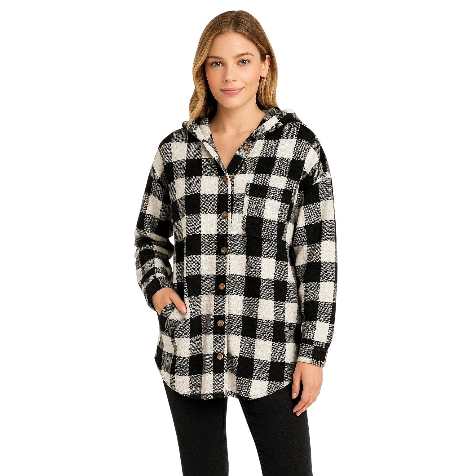 Other Hooded Oversized Shacket Jacket Black White Plaid Women’s S Size S / US 4 / IT 40 - 1 Thumbnail