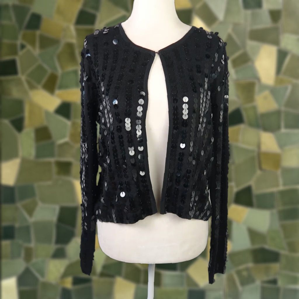 Vintage VINTAGE 90s Joseph A Black Silk Knit Sequin Cardigan Sweater L Cardigan Womens Sequin 90s Size L / US 10 / IT 46 - 1 Thumbnail