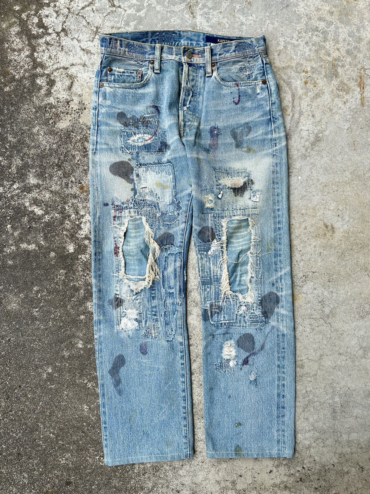 Pre-owned Kapital X Kapital Kountry Boro Selvedge Crash Distressed Painter Okabilly Denim Jeans In Stonewash