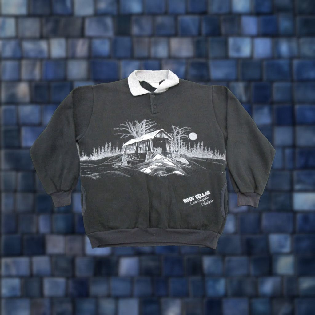 Vintage VTG 80s 1988 AU Wrap Around Print Lake Gogebic Michigan Cabin Sweatshirt Size M Black Cotton Men Pullover Crew Neck All Seasons Sports 80s Vintage Size US M / EU 48-50 / 2 - 1 Thumbnail