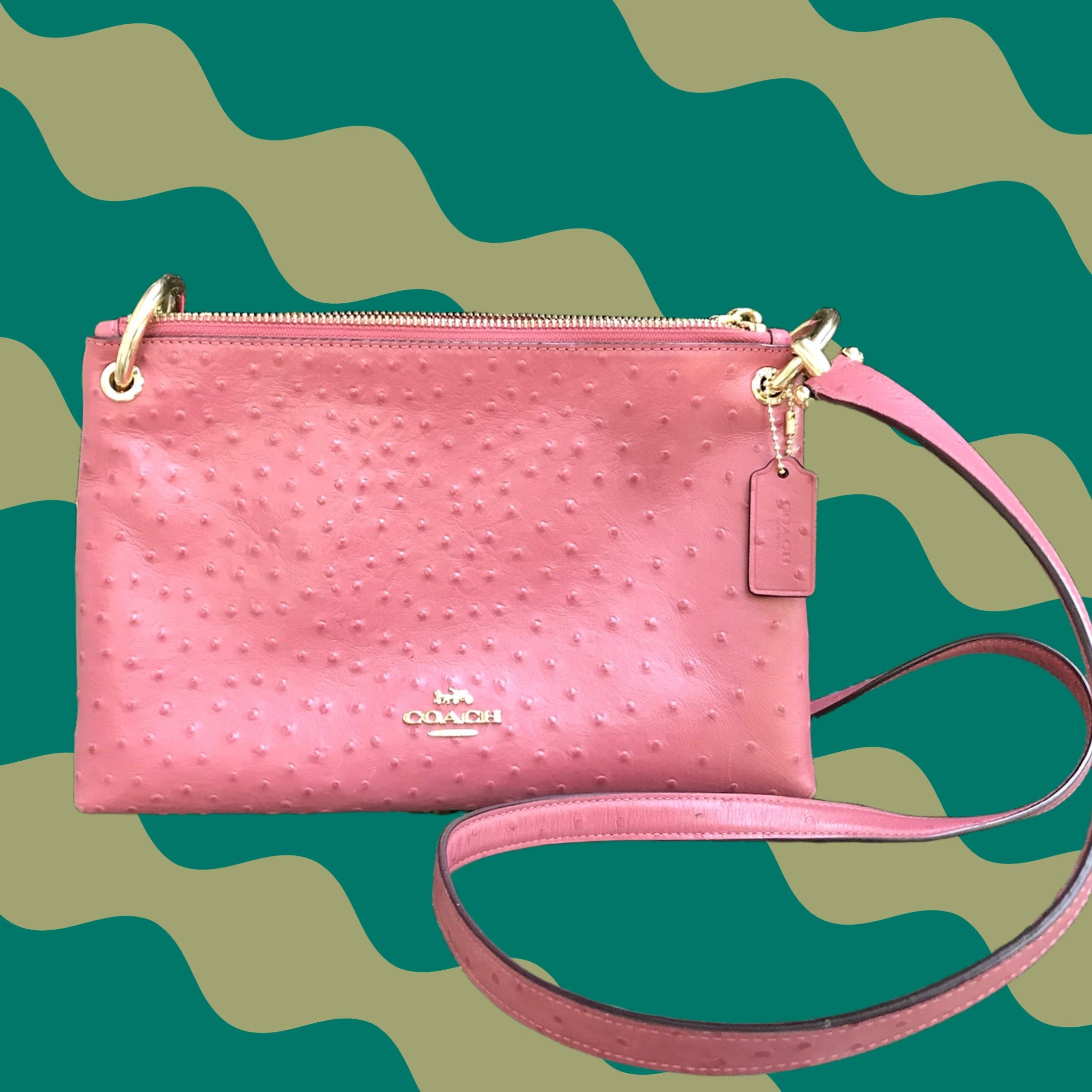 Coach Coach Mia Ostrich Embossed Leather Zip Crossbody Shoulder Bag Womens Medium Pink with Dust Bag Size ONE SIZE - 1 Thumbnail
