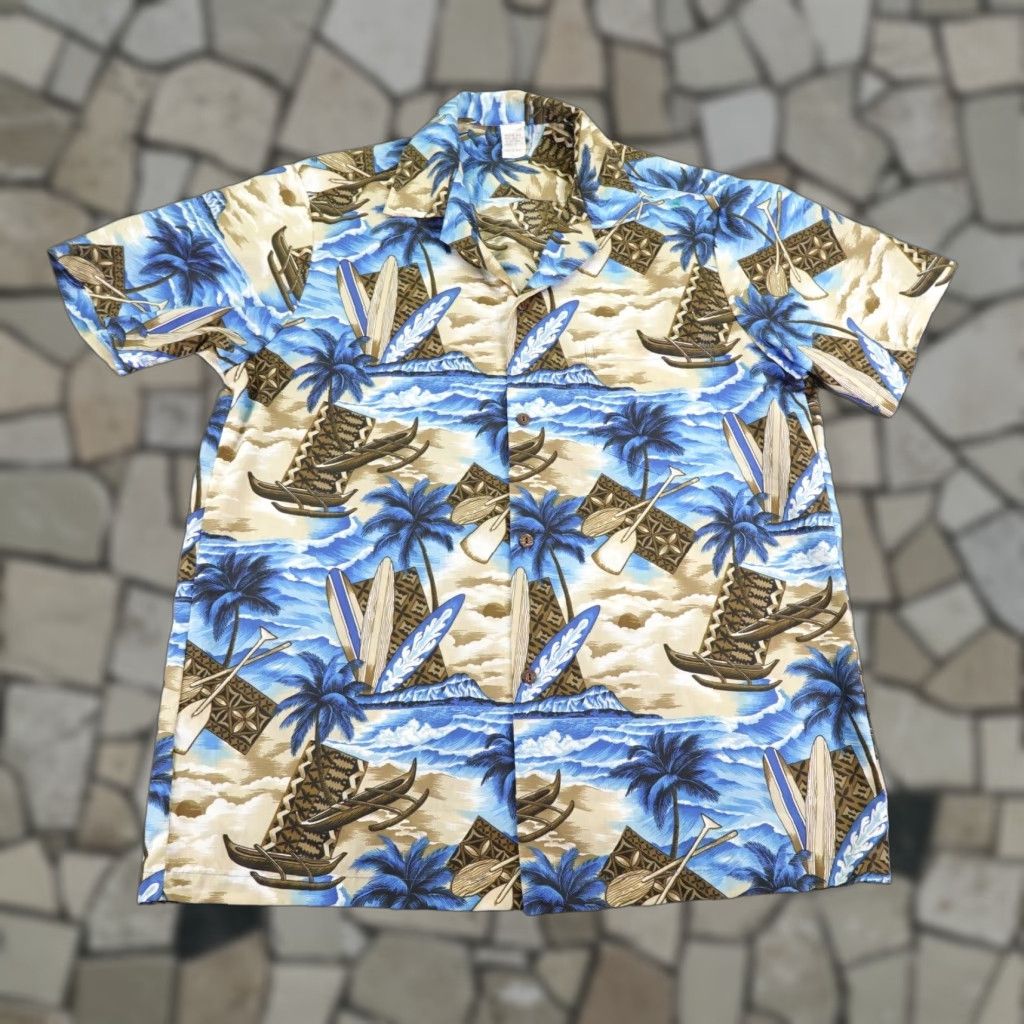 VINTAGE Tropicana Shirt Men Large Blue Hawaiian Button Up Camp Canoes Palms Camp Shirt - Tropicana - Button-Up - Beach Hawaiian - Mens Large Blue