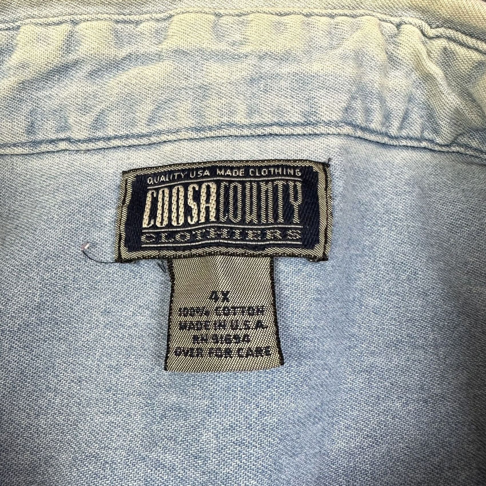 Denime VINTAGE American Flag Denim Button Up Shirt 4X Unisex Adults blue Sun Faded USA 90s 80s Coosa County Size US XXL / EU 58 / 5 - 2 Thumbnail