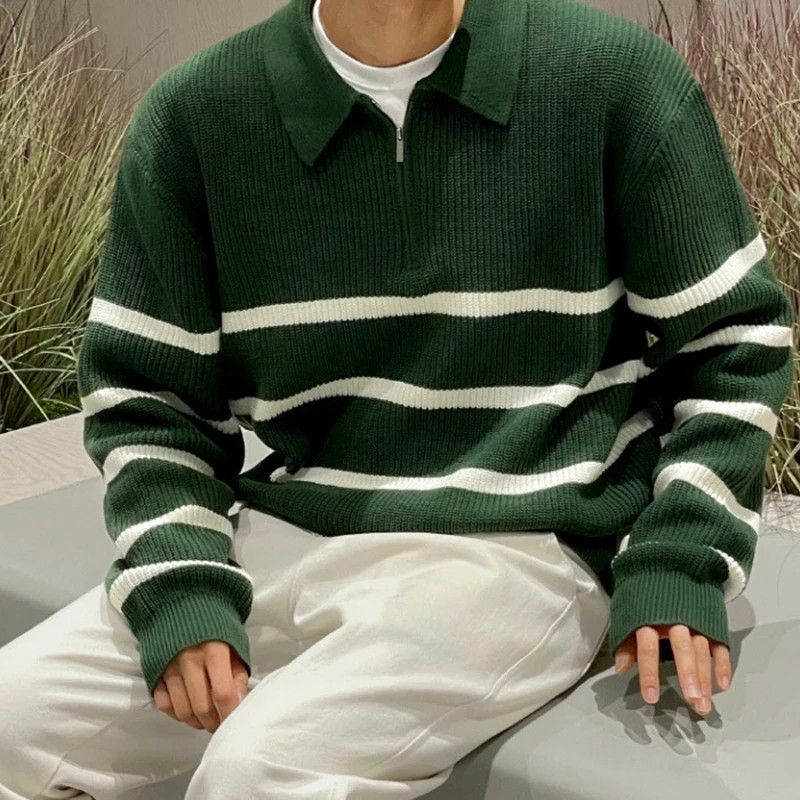 Japanese Brand Korean Style Striped Half Zipper Knitted Size US XXL / EU 58 / 5 - 3 Thumbnail