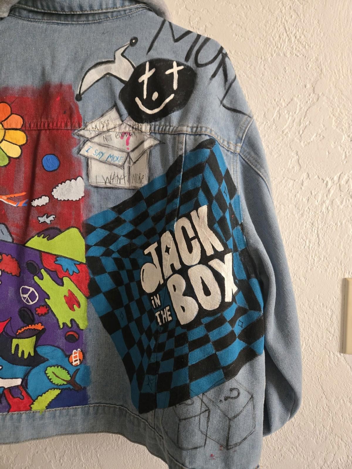 The Unbranded Brand Hand Painted Denim Jacket Takashi Murakami Flower 2XL Hoodie Size XXL / US 16-18 / IT 52-54 - 7 Thumbnail