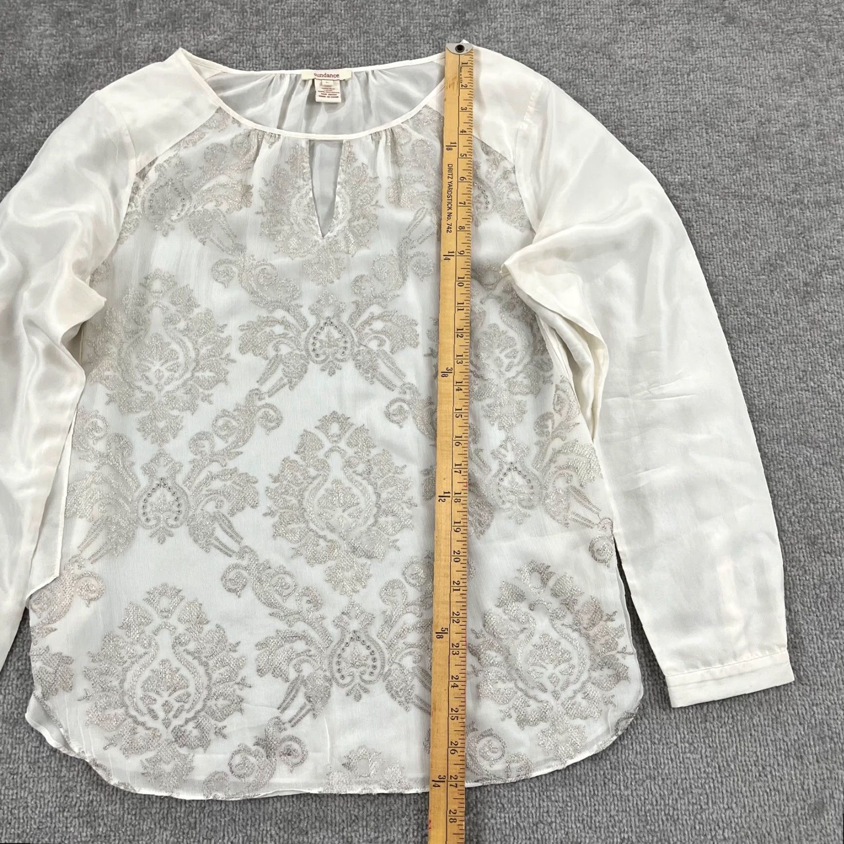 Vintage SUNDANCE Blouse Womens L White Silver Floral Embroidered Silk Sheer L/S Size L / US 10 / IT 46 - 4 Thumbnail