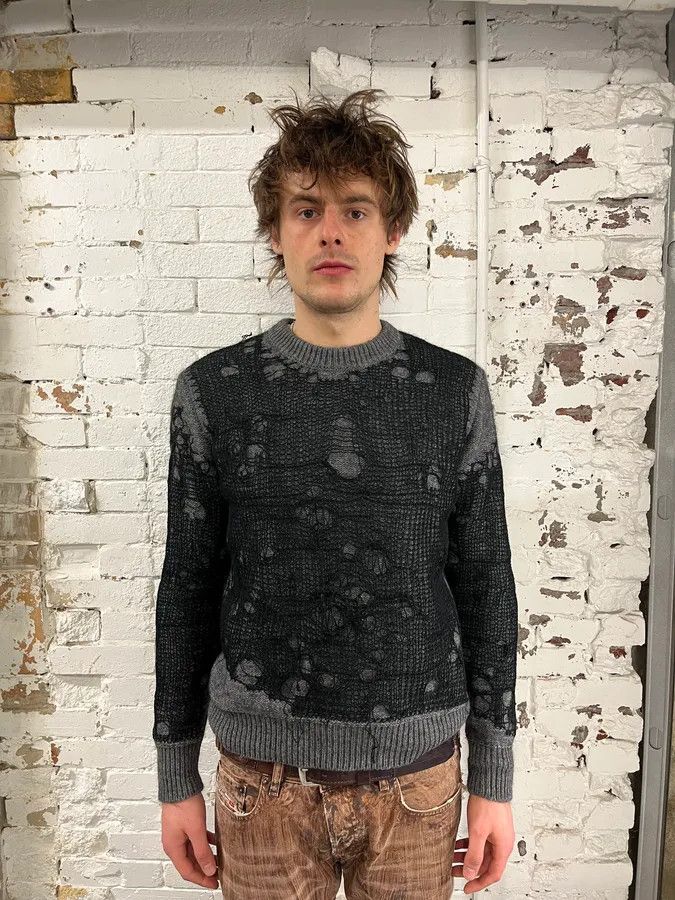 Diesel Diesel Grey & Black Spyder Web Wool Blend Distressed Sweater Size US S / EU 44-46 / 1 - 2 Thumbnail