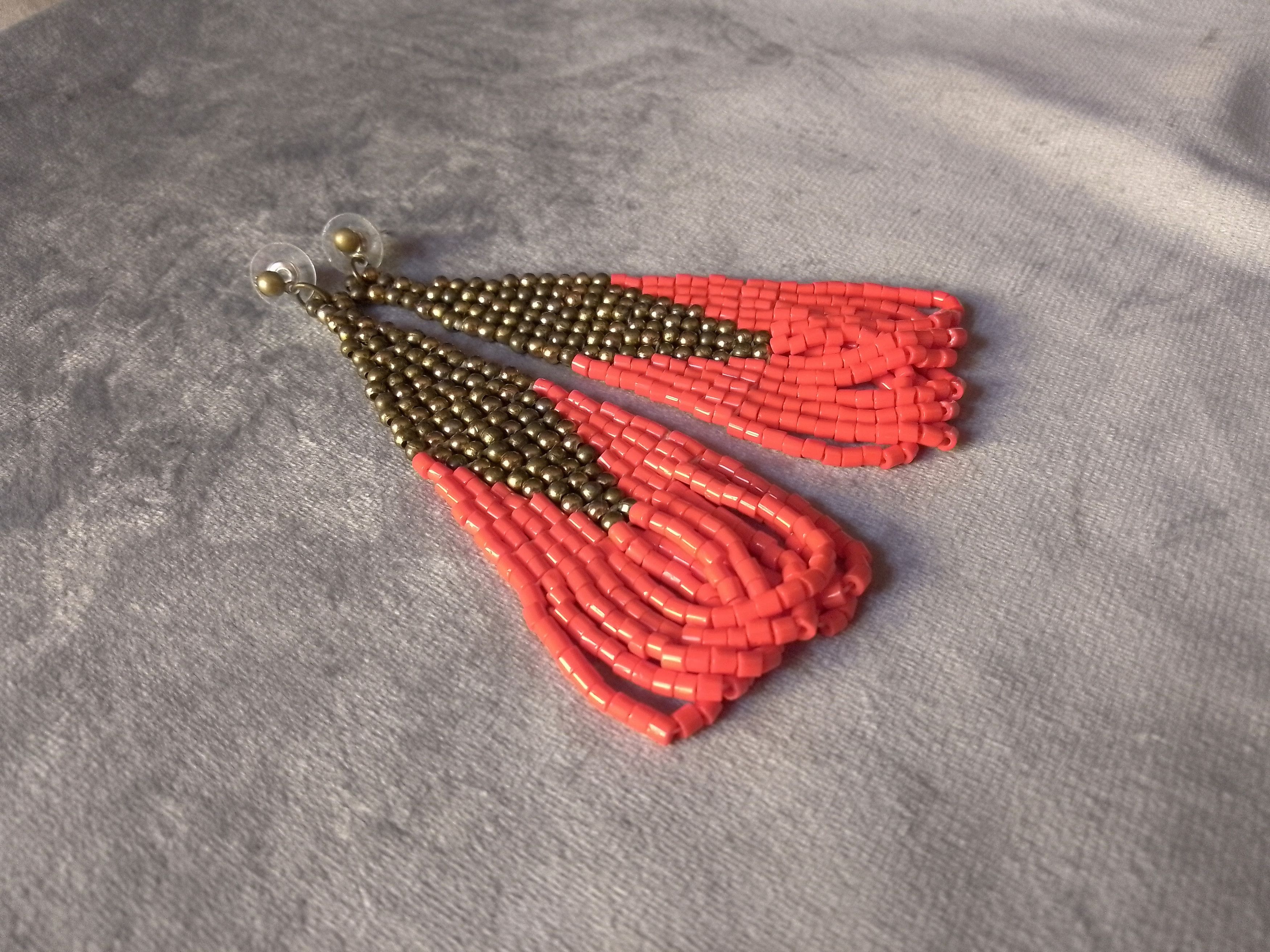Handmade Earrings Antique Brass Red Glass Long Embroidered Elegant Size ONE SIZE - 4 Thumbnail