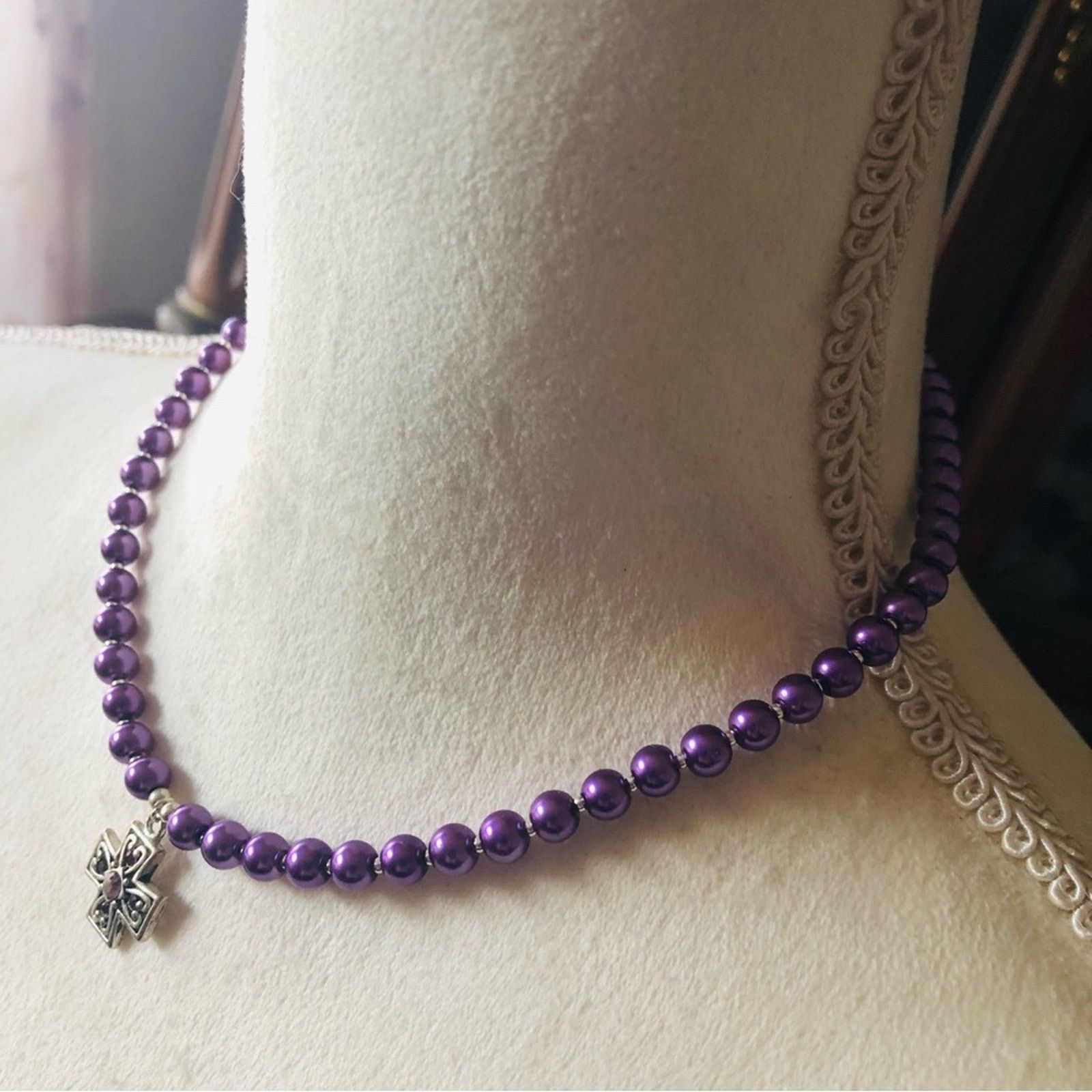Handmade Handcrafted repurpose Maltese cross pendant Pearl necklace Size ONE SIZE - 4 Thumbnail