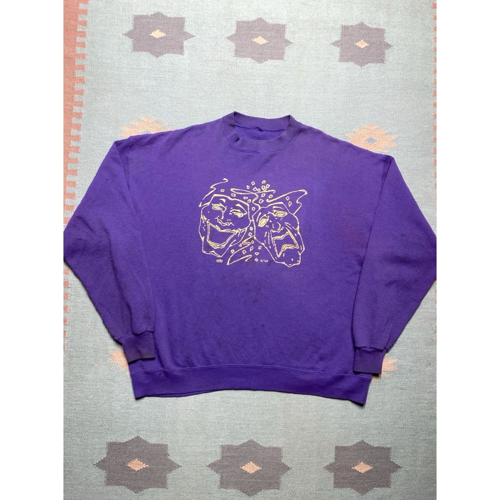 Vintage VINTAGE 80s 90s crewneck sweatshirt happy sad mask theatre comedy tragedy 2XL Men Purple 90s Shirt Pullover Cartoon? Size US XXL / EU 58 / 5 - 2 Thumbnail