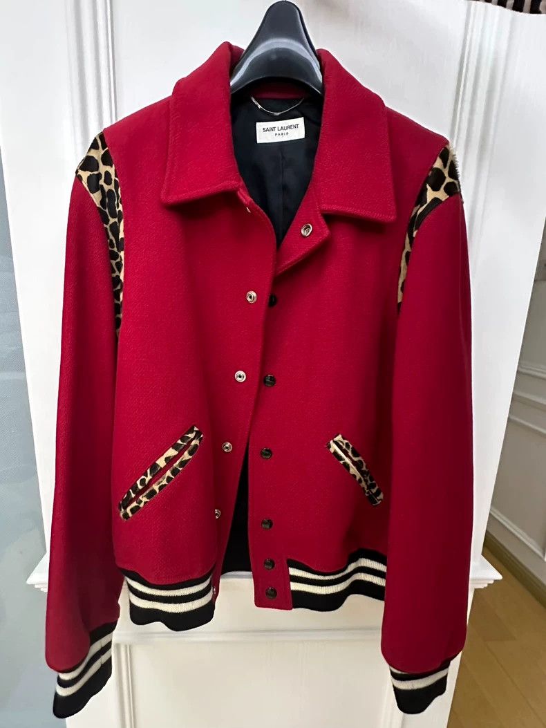 Saint Laurent Paris Saint Laurent Red Leopard Print Baseball Jacket Size US L / EU 52-54 / 3 - 1 Thumbnail