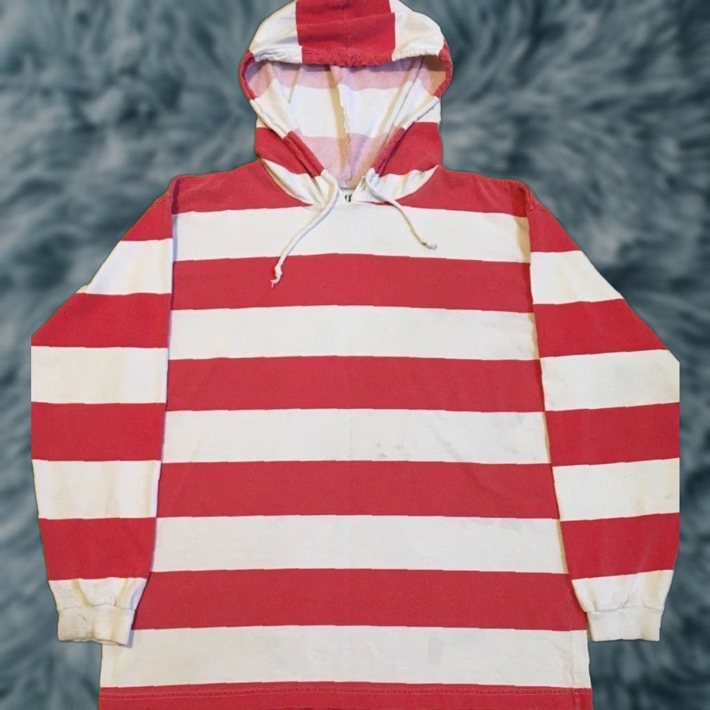 VINTAGE 90s Striped Faded Hoodie Shirt M Grunge Vaporwave Surf Skate Beach OP Red Shirt Hooded Mens