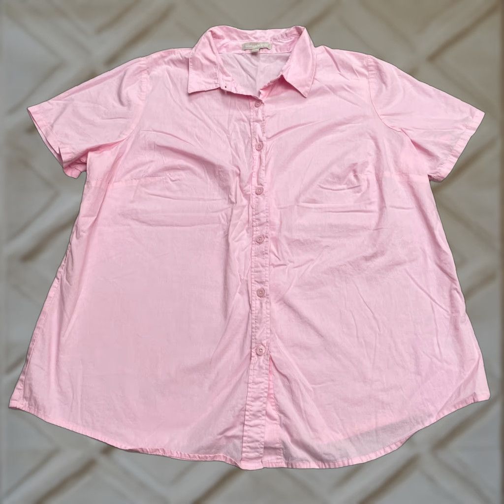 Vintage Woman Within Button-Up Shirt Womens Large Pink Cotton Short Sleeve Casual Top Size L / US 10 / IT 46 - 1 Thumbnail