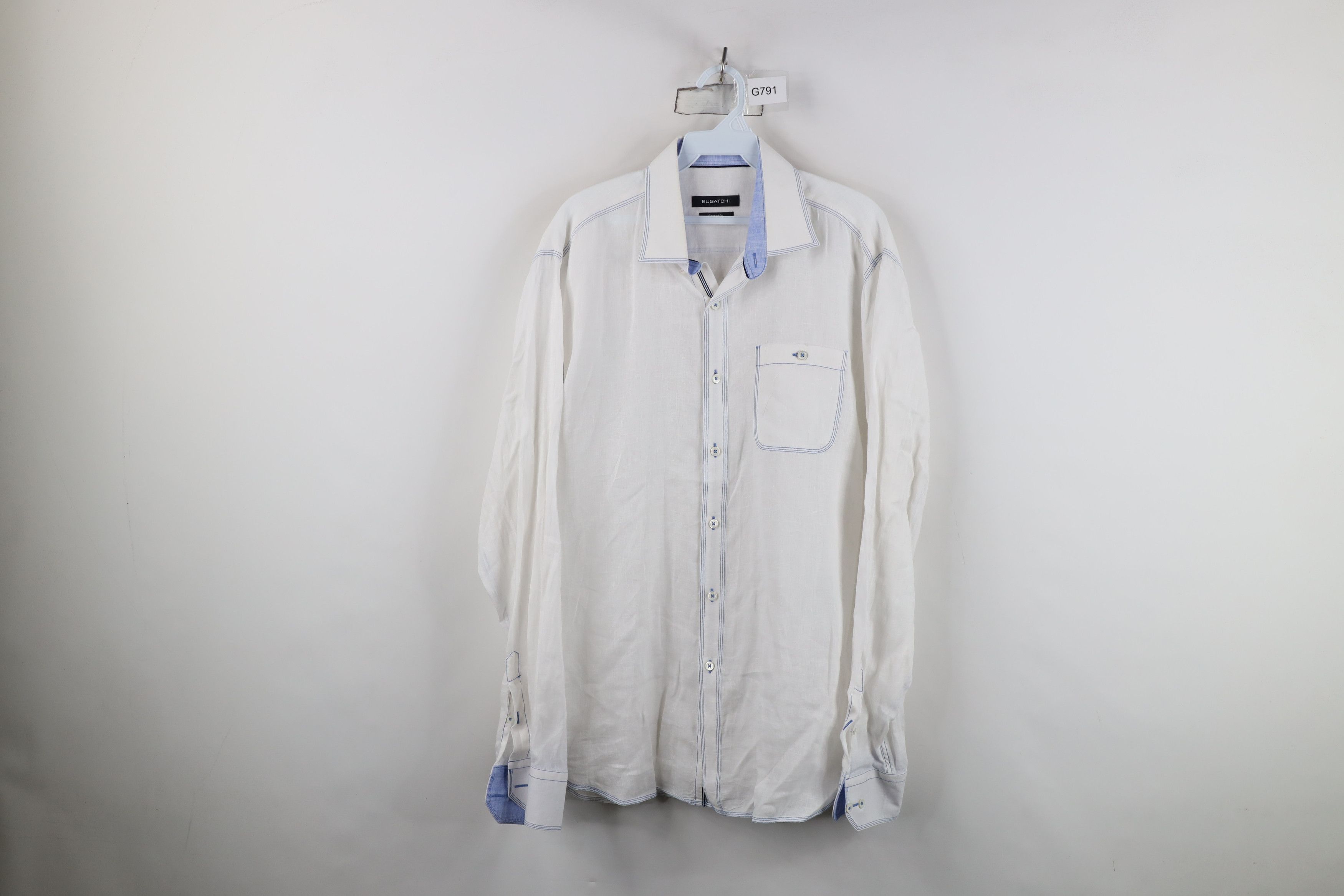 Vintage Bugatchi Uomo Fit Sheer Linen Collared Button Shirt White Size US L / EU 52-54 / 3 - 1 Thumbnail