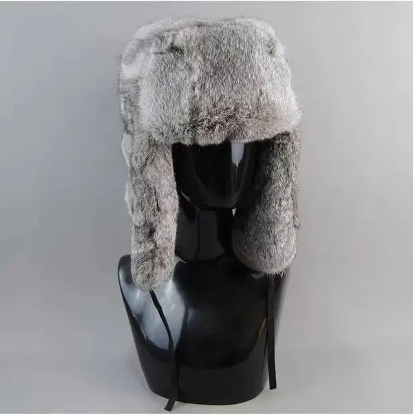 Japanese Brand Size XL Warm Natural Rabbit Fur Bomber Hat With Earflaps Size ONE SIZE - 1 Thumbnail