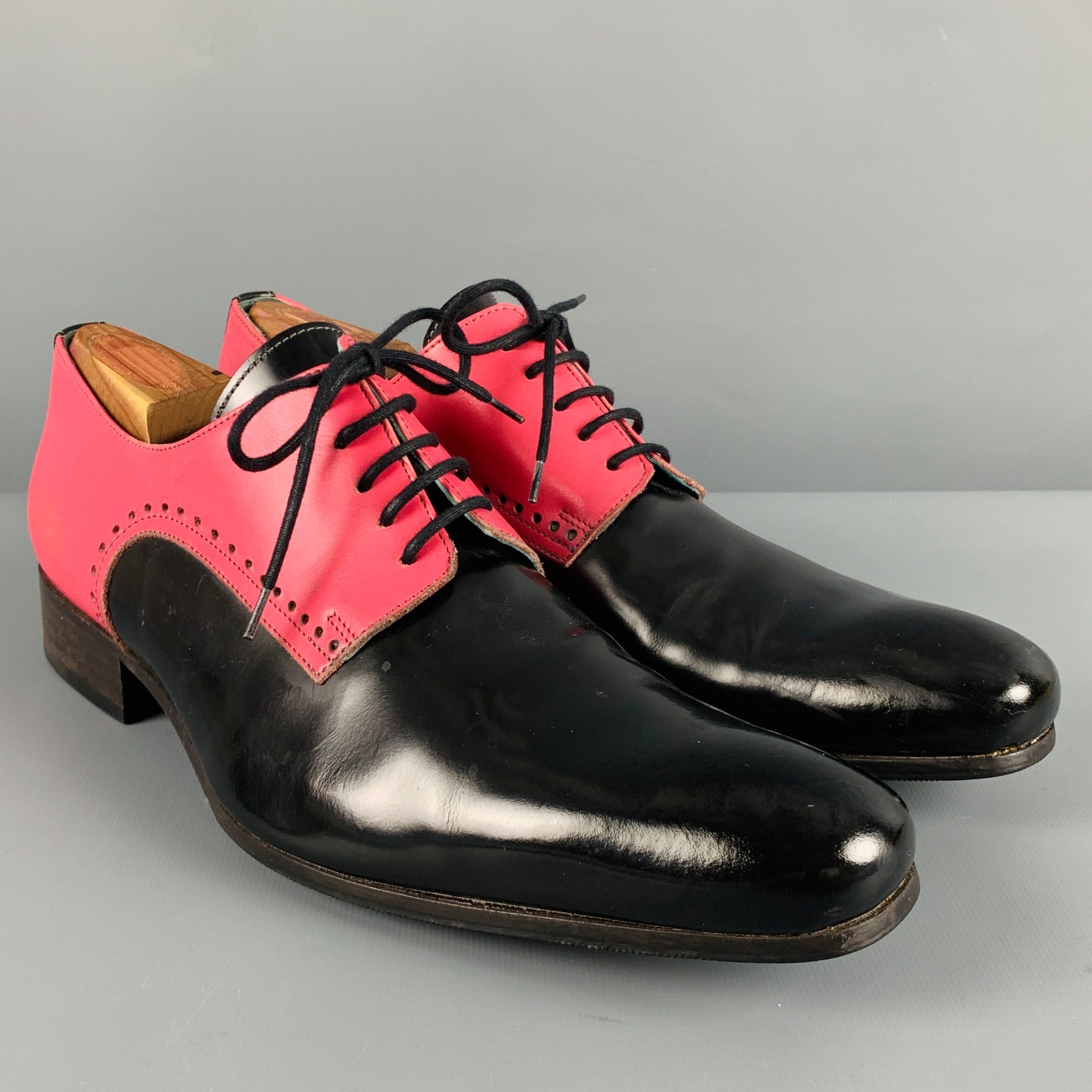 image of John Fluevog 10 Black Pink Perforated Leather Lace Up Shoes, Men's (Size 8)