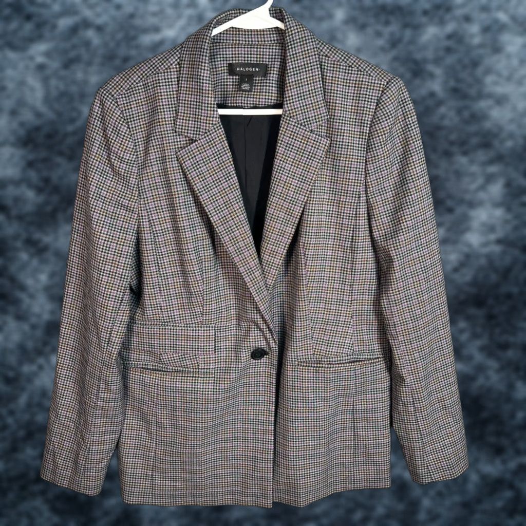 Vintage Halogen Blazer Jacket Single-Breasted Notch Gray Plaid Viscose Blend Long Sleeve Adult Womens 1 Polyester Dry Clean Only Business Size XS / US 0-2 / IT 36-38 - 1 Thumbnail