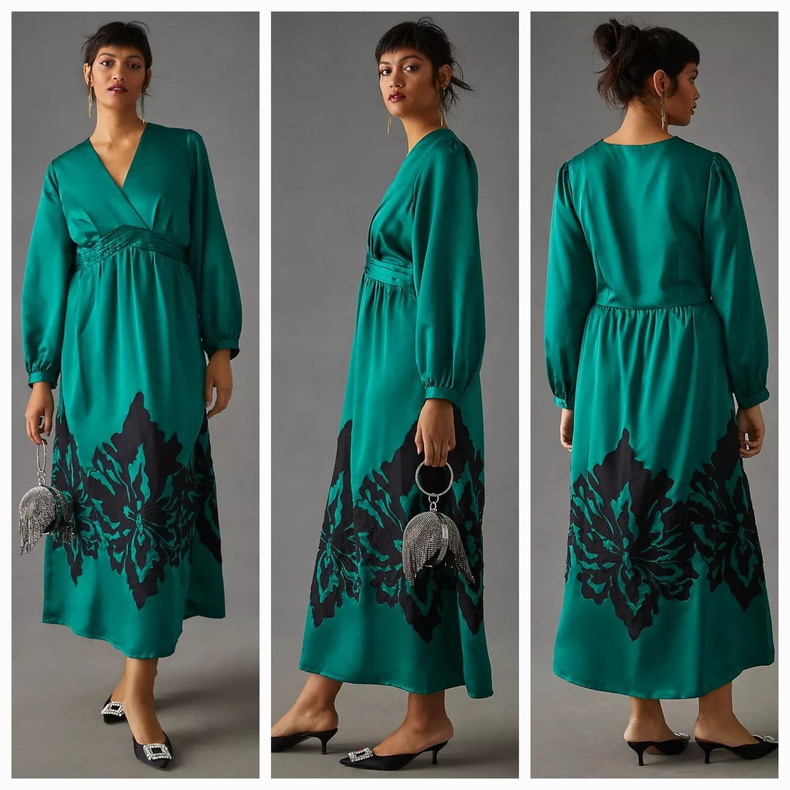 image of New Anthropologie Nikasha Embroidered Satin Dress $260 Xxs in Green, Women's (Size 2XS)