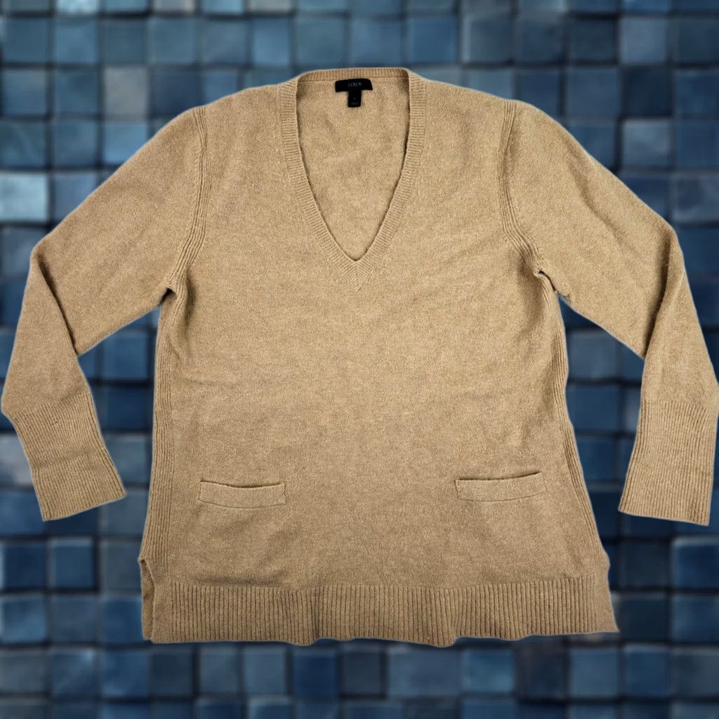 J.Crew J.Crew Merino Wool & Alpaca V-Neck Tunic w/ Pockets Women L – Tan Knit Sweater Size L / US 10 / IT 46 - 1 Thumbnail
