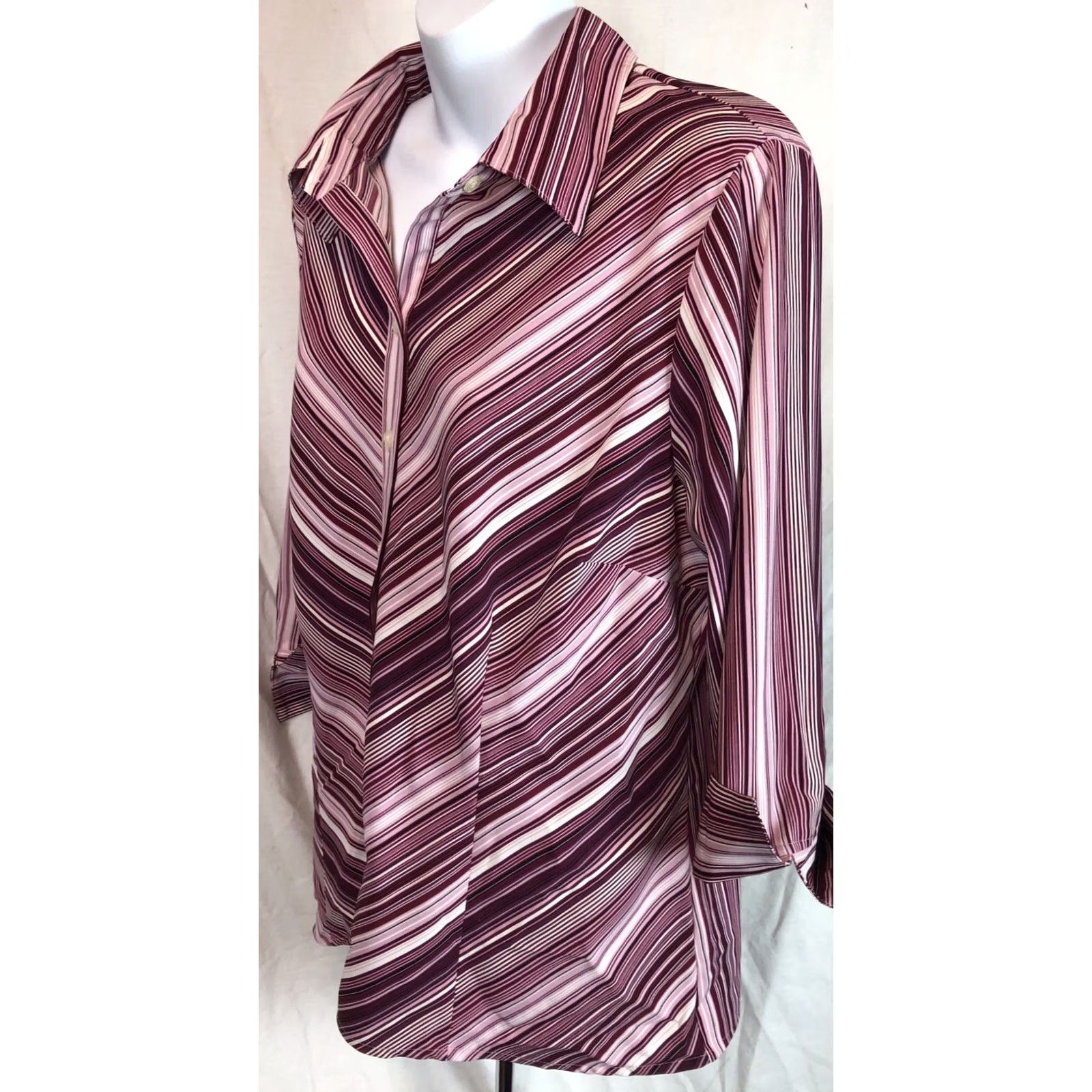 Apt. 9 VINTAGE Top L Purple Stripe ButtonUp 3/4 Sleeve Collar Stretch Retro 70s Funky Womens Size L / US 10 / IT 46 - 2 Thumbnail
