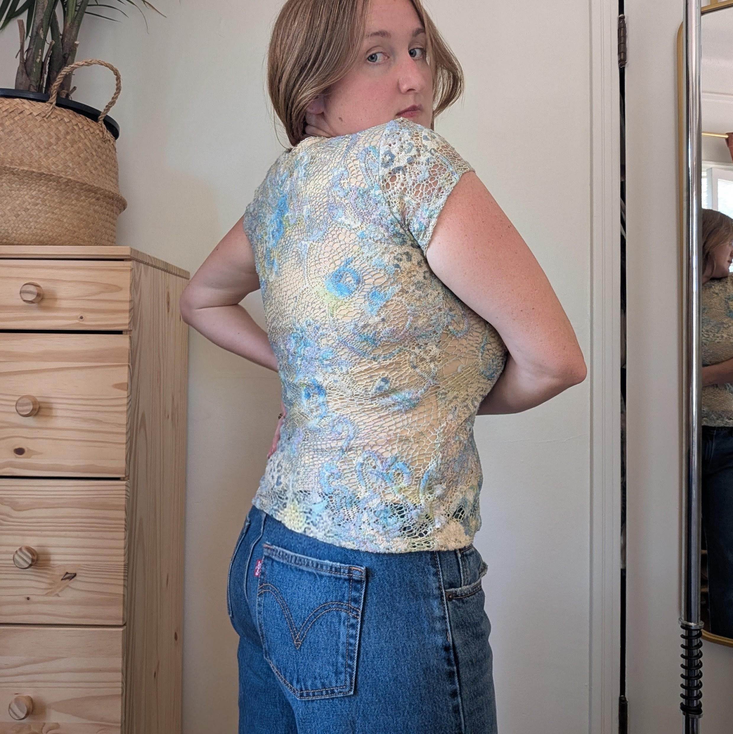 Vintage Y2K Crochet Lace Knit Top, 2000s Fitted Paisley Leopard Mesh Size M / US 6-8 / IT 42-44 - 5 Thumbnail