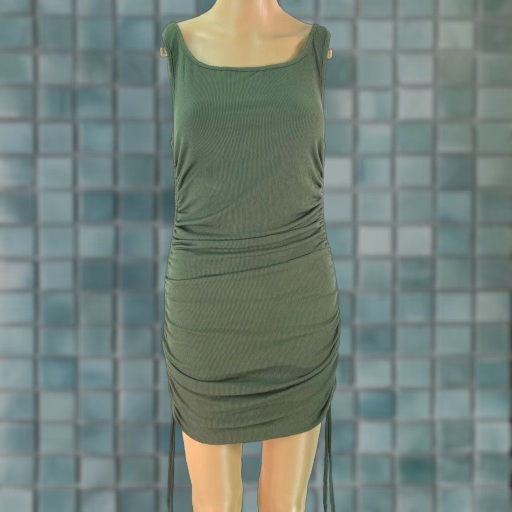 Vintage Womens Sleeveless Ruched Army Green Short Bodycon Dress M Square Neck Size 32" / US 10 / IT 46 - 1 Thumbnail