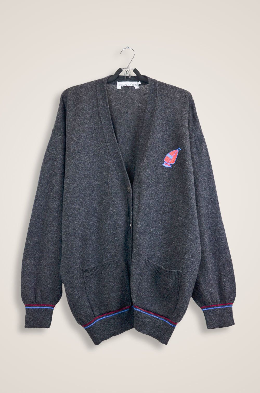 Vintage Roland Klein Grey Lambswool Cardigan Sailboat Logo - Size XL Size US XL / EU 56 / 4 - 1 Thumbnail