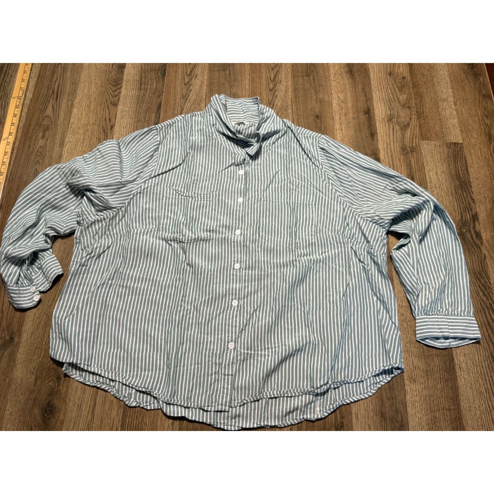 Vintage Daily Thread Shirt Women 2X Green White Striped Long Sleeve Button-Up Shirt Size XXL / US 16-18 / IT 52-54 - 2 Thumbnail
